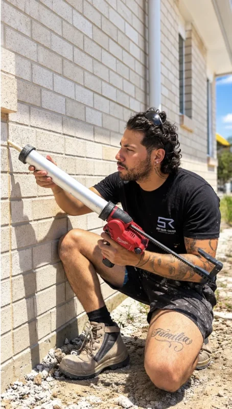 SR Joint Sealer technician kneeling to caulk an external brick joint