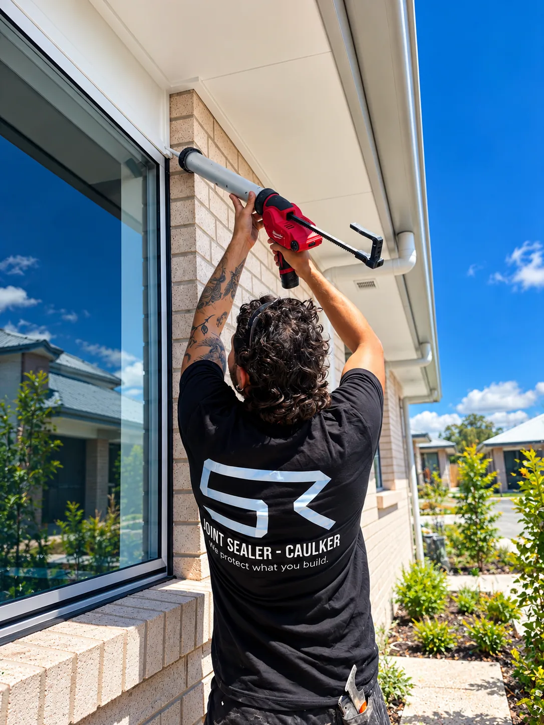 Technician sealing the head of a window frame overhead on a new home