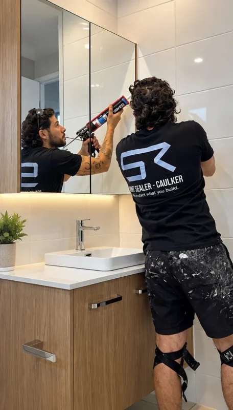 Technician applying silicone around a bathroom vanity and mirror cabinet