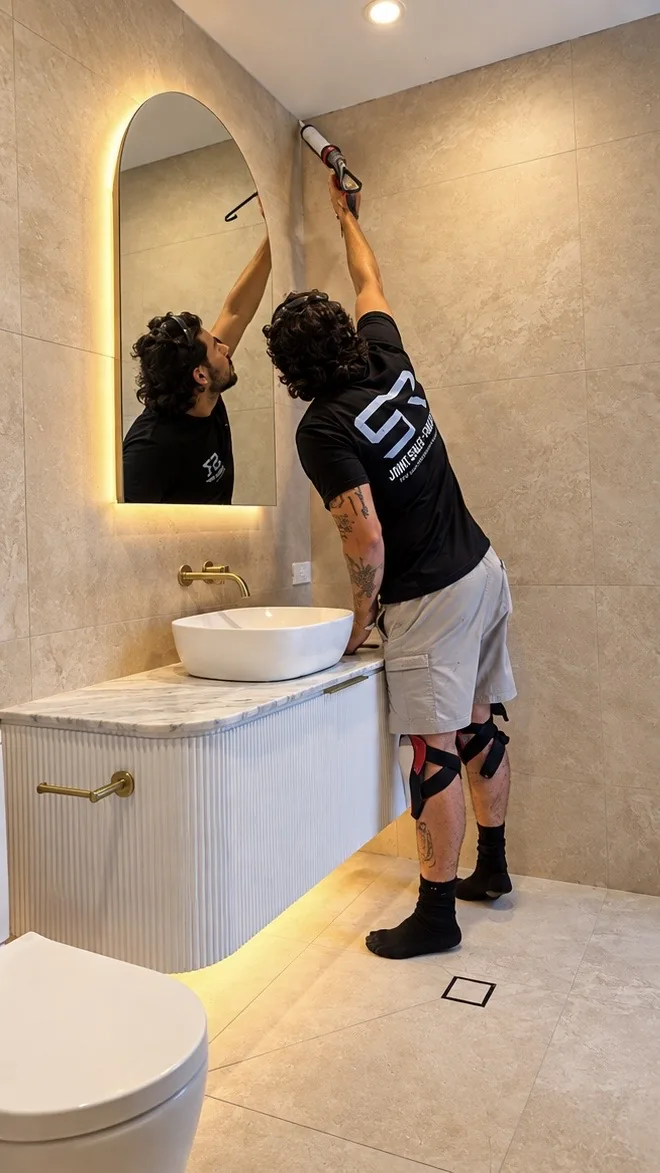 Technician sealing a wet-area wall joint beside an arched mirror
