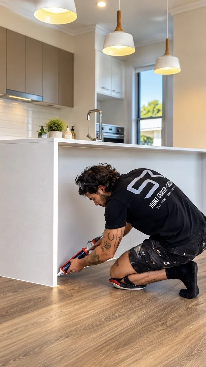 Technician sealing the kickboard joint of a white kitchen island