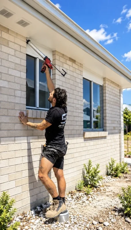Technician running external sealant around a window perimeter