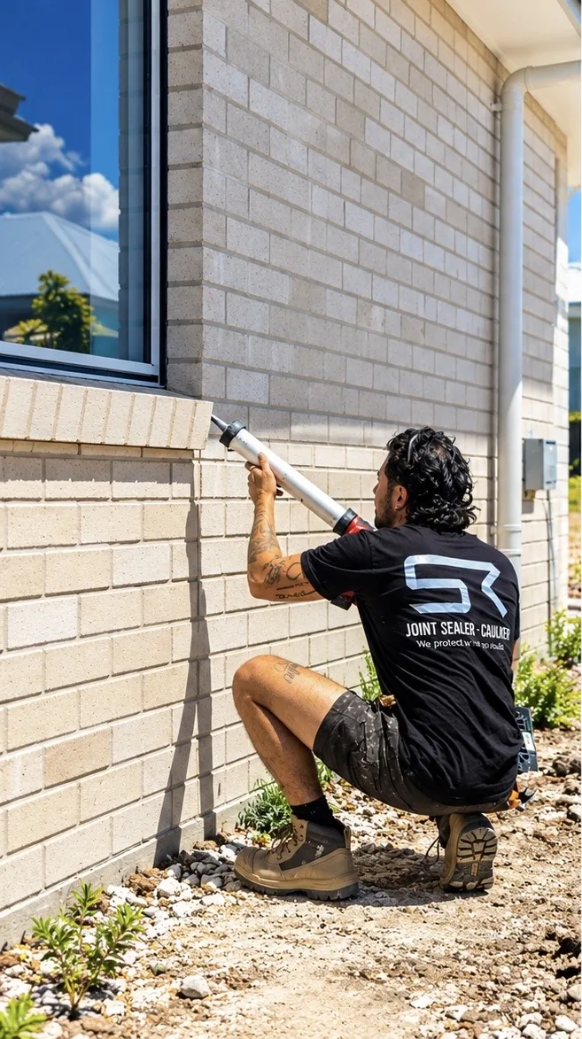 Technician crouched sealing a brick control joint on a new build