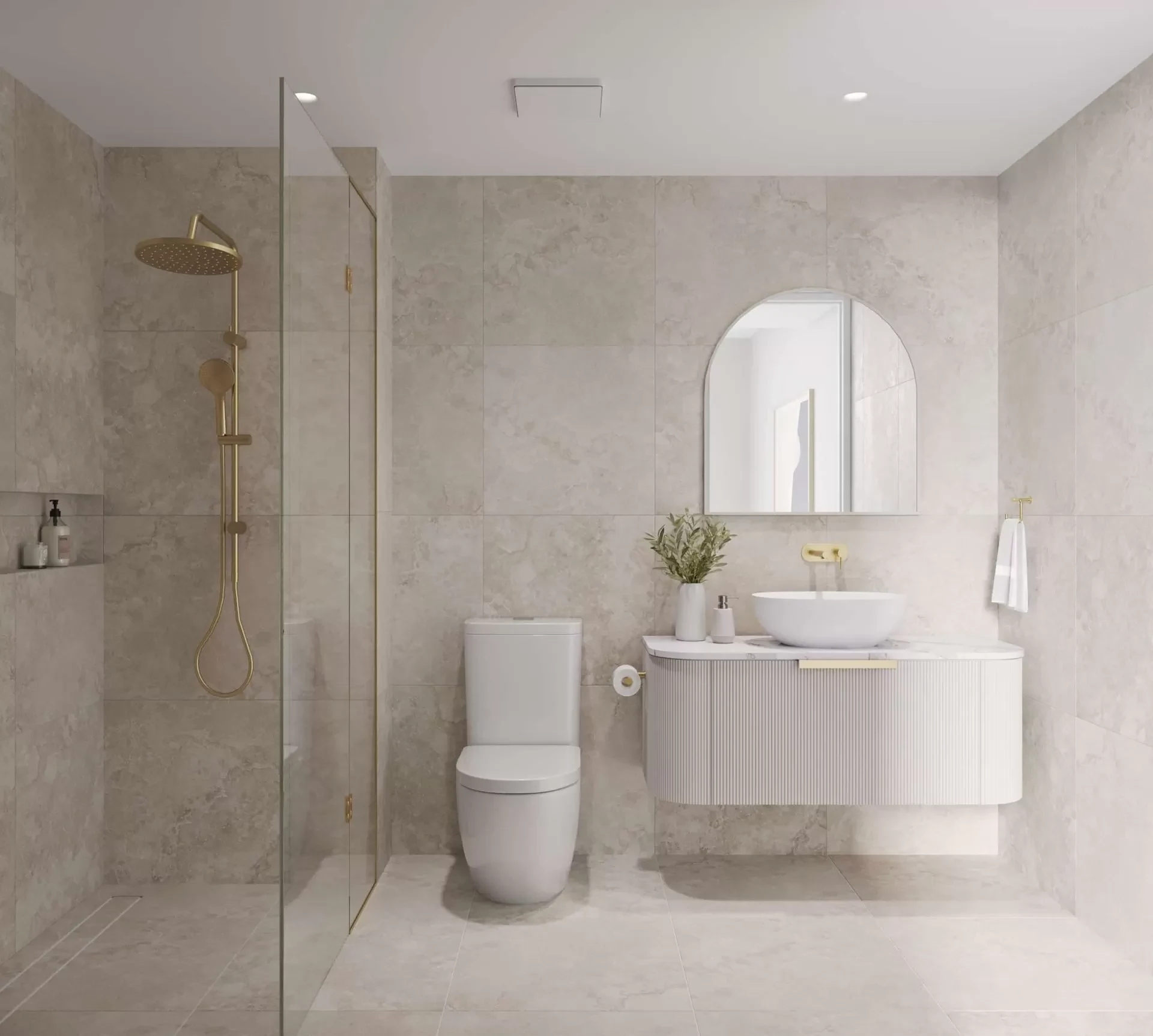 JURA Apartments, Noosaville – ensuite with fluted vanity and shower glass – SR Joint Sealer