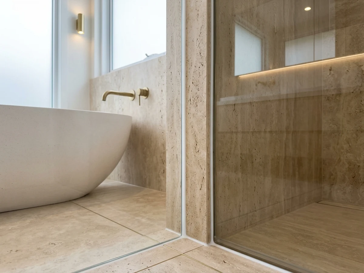 Flawless silicone bead around a freestanding bath and travertine – Wet Area Sealing Brisbane